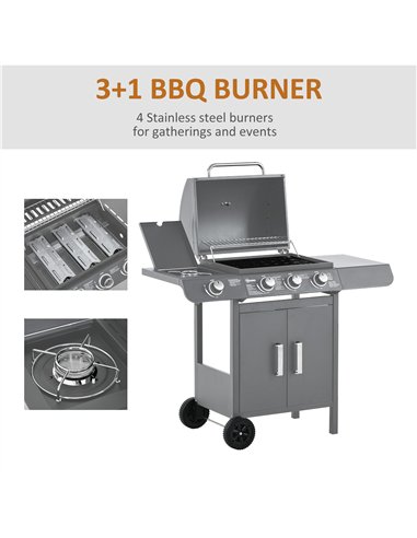Outsunny 3+1 Burner Gas BBQ Grill, Outdoor Barbecue Trolley with Wheels, Warming Rack, Side Shelves, Cabinet, Thermometer for Ga