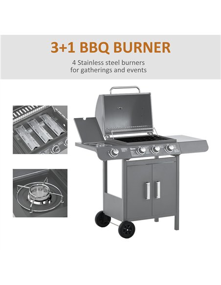 Outsunny 3+1 Burner Gas BBQ Grill, Outdoor Barbecue Trolley with Wheels, Warming Rack, Side Shelves, Cabinet, Thermometer for Ga - pic 126052 | FastDaddyshop