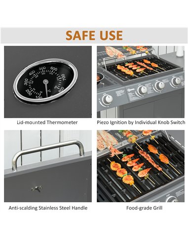 Outsunny 3+1 Burner Gas BBQ Grill, Outdoor Barbecue Trolley with Wheels, Warming Rack, Side Shelves, Cabinet, Thermometer for Ga
