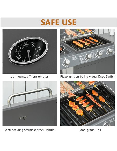 Outsunny 3+1 Burner Gas BBQ Grill, Outdoor Barbecue Trolley with Wheels, Warming Rack, Side Shelves, Cabinet, Thermometer for Ga - pic 126053 | FastDaddyshop