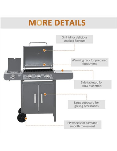 Outsunny 3+1 Burner Gas BBQ Grill, Outdoor Barbecue Trolley with Wheels, Warming Rack, Side Shelves, Cabinet, Thermometer for Ga