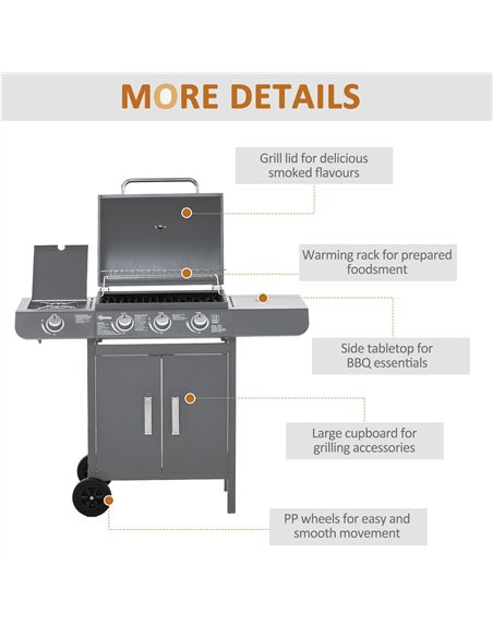 Outsunny 3+1 Burner Gas BBQ Grill, Outdoor Barbecue Trolley with Wheels, Warming Rack, Side Shelves, Cabinet, Thermometer for Ga - pic 126054 | FastDaddyshop