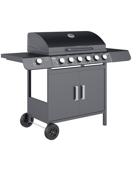 Outsunny 6+1 Burner Gas BBQ Grill, Outdoor Barbecue Trolley with Wheels, Warming Rack, Side Shelves, Cabinet, Thermometer for Ga - pic 126057 | FastDaddyshop
