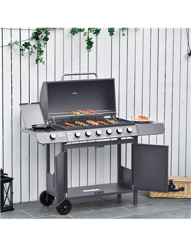 Outsunny 6+1 Burner Gas BBQ Grill, Outdoor Barbecue Trolley with Wheels, Warming Rack, Side Shelves, Cabinet, Thermometer for Ga