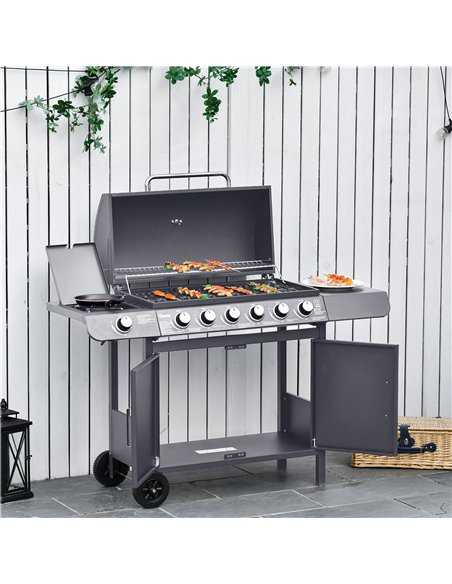 Outsunny 6+1 Burner Gas BBQ Grill, Outdoor Barbecue Trolley with Wheels, Warming Rack, Side Shelves, Cabinet, Thermometer for Ga - pic 126058 | FastDaddyshop
