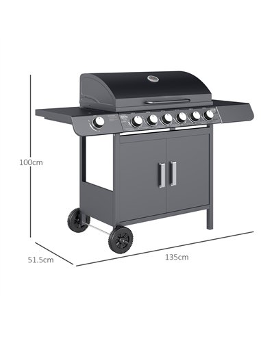 Outsunny 6+1 Burner Gas BBQ Grill, Outdoor Barbecue Trolley with Wheels, Warming Rack, Side Shelves, Cabinet, Thermometer for Ga