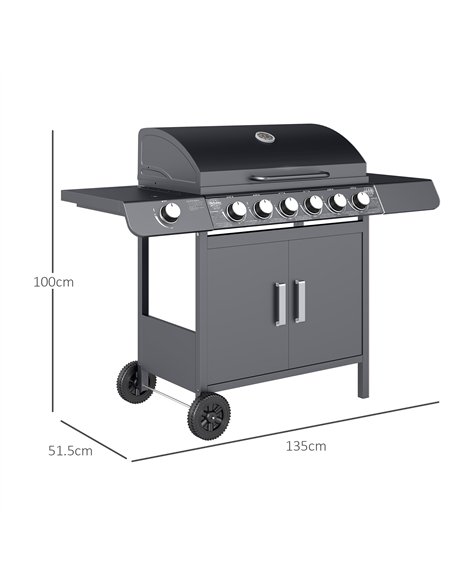 Outsunny 6+1 Burner Gas BBQ Grill, Outdoor Barbecue Trolley with Wheels, Warming Rack, Side Shelves, Cabinet, Thermometer for Ga - pic 126059 | FastDaddyshop