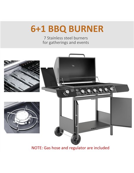 Outsunny 6+1 Burner Gas BBQ Grill, Outdoor Barbecue Trolley with Wheels, Warming Rack, Side Shelves, Cabinet, Thermometer for Ga - pic 126061 | FastDaddyshop