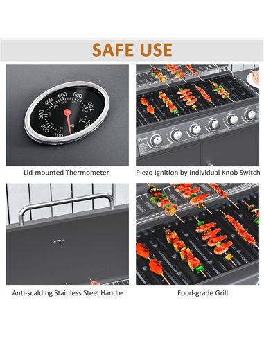 Outsunny 6+1 Burner Gas BBQ Grill, Outdoor Barbecue Trolley with Wheels, Warming Rack, Side Shelves, Cabinet, Thermometer for Ga