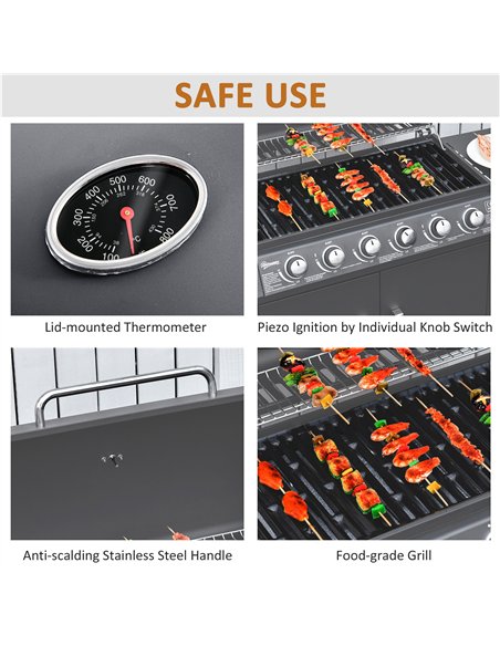 Outsunny 6+1 Burner Gas BBQ Grill, Outdoor Barbecue Trolley with Wheels, Warming Rack, Side Shelves, Cabinet, Thermometer for Ga - pic 126062 | FastDaddyshop