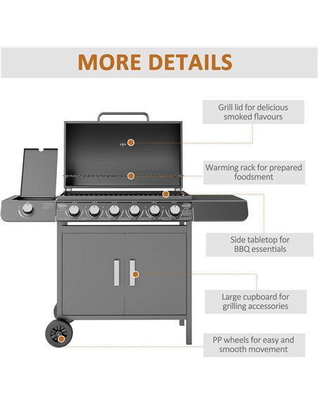 Outsunny 6+1 Burner Gas BBQ Grill, Outdoor Barbecue Trolley with Wheels, Warming Rack, Side Shelves, Cabinet, Thermometer for Ga - pic 126063 | FastDaddyshop