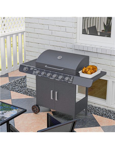 Outsunny 6+1 Burner Gas BBQ Grill, Outdoor Barbecue Trolley with Wheels, Warming Rack, Side Shelves, Cabinet, Thermometer for Ga - pic 126065 | FastDaddyshop
