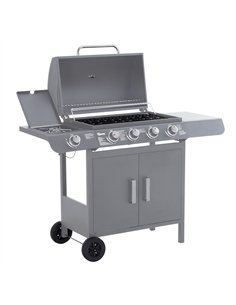 Outsunny 4+1 Burner Gas BBQ Grill, Outdoor Barbecue Trolley with Wheels, Warming Rack, Side Shelves, Cabinet, Thermometer for Ga