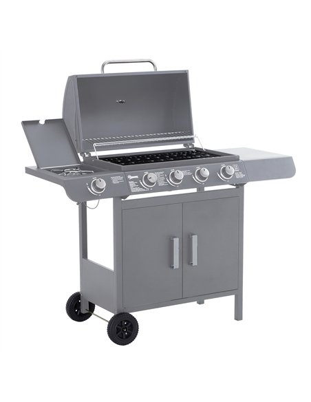 Outsunny 4+1 Burner Gas BBQ Grill, Outdoor Barbecue Trolley with Wheels, Warming Rack, Side Shelves, Cabinet, Thermometer for Ga - pic 126066 | FastDaddyshop