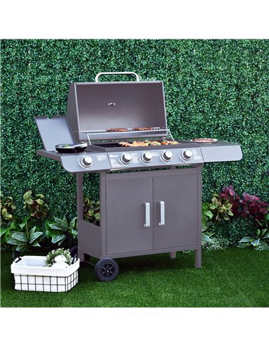 Outsunny 4+1 Burner Gas BBQ Grill, Outdoor Barbecue Trolley with Wheels, Warming Rack, Side Shelves, Cabinet, Thermometer for Ga