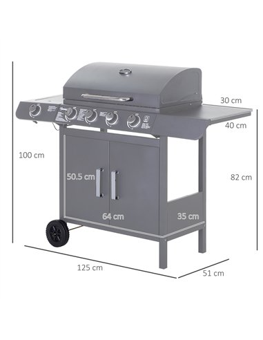 Outsunny 4+1 Burner Gas BBQ Grill, Outdoor Barbecue Trolley with Wheels, Warming Rack, Side Shelves, Cabinet, Thermometer for Ga