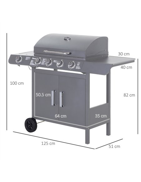 Outsunny 4+1 Burner Gas BBQ Grill, Outdoor Barbecue Trolley with Wheels, Warming Rack, Side Shelves, Cabinet, Thermometer for Ga - pic 126068 | FastDaddyshop