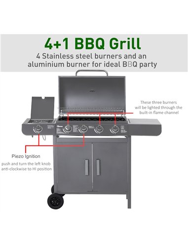 Outsunny 4+1 Burner Gas BBQ Grill, Outdoor Barbecue Trolley with Wheels, Warming Rack, Side Shelves, Cabinet, Thermometer for Ga