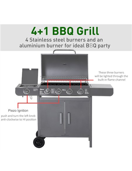 Outsunny 4+1 Burner Gas BBQ Grill, Outdoor Barbecue Trolley with Wheels, Warming Rack, Side Shelves, Cabinet, Thermometer for Ga - pic 126070 | FastDaddyshop