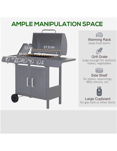 Outsunny 4+1 Burner Gas BBQ Grill, Outdoor Barbecue Trolley with Wheels, Warming Rack, Side Shelves, Cabinet, Thermometer for Ga
