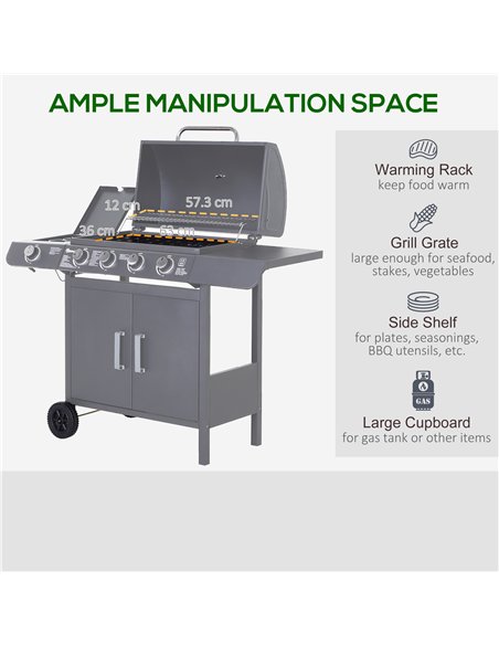 Outsunny 4+1 Burner Gas BBQ Grill, Outdoor Barbecue Trolley with Wheels, Warming Rack, Side Shelves, Cabinet, Thermometer for Ga - pic 126073 | FastDaddyshop
