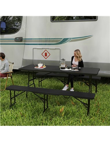 Outsunny Folding Picnic Table and Bench Set, Rattan Effect Portable Camping Table and Chairs with Carrying Handles for Indoor Ou