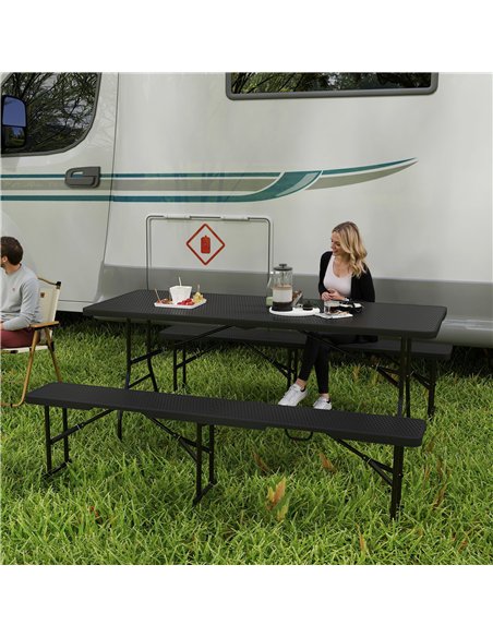 Outsunny Folding Picnic Table and Bench Set, Rattan Effect Portable Camping Table and Chairs with Carrying Handles for Indoor Ou - pic 126085 | FastDaddyshop