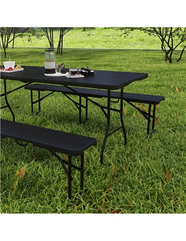 Outsunny Folding Picnic Table and Bench Set, Rattan Effect Portable Camping Table and Chairs with Carrying Handles for Indoor Ou