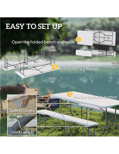 Outsunny 3 Piece 6ft Folding Picnic Table and Bench Set, Portable HDPE Camping Table and Chairs with Carrying Handles for Indoor