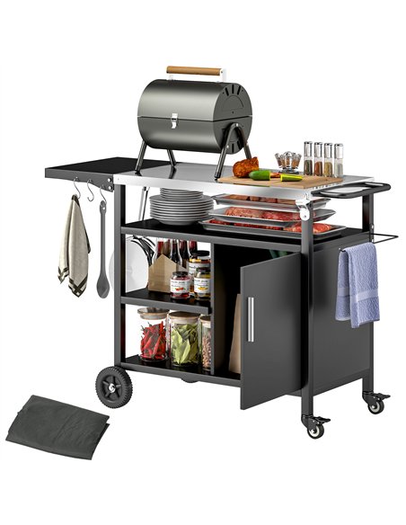 Outsunny Outdoor BBQ Trolley with Foldable Side Table, Stainless Steel Top, Outdoor Kitchen with Wheels Hooks Shelves Cabinet, P - pic 126102 | FastDaddyshop