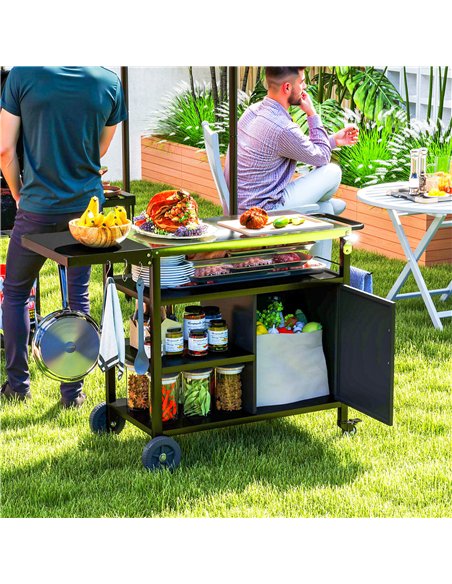 Outsunny Outdoor BBQ Trolley with Foldable Side Table, Stainless Steel Top, Outdoor Kitchen with Wheels Hooks Shelves Cabinet, P - pic 126103 | FastDaddyshop