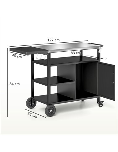 Outsunny Outdoor BBQ Trolley with Foldable Side Table, Stainless Steel Top, Outdoor Kitchen with Wheels Hooks Shelves Cabinet, P