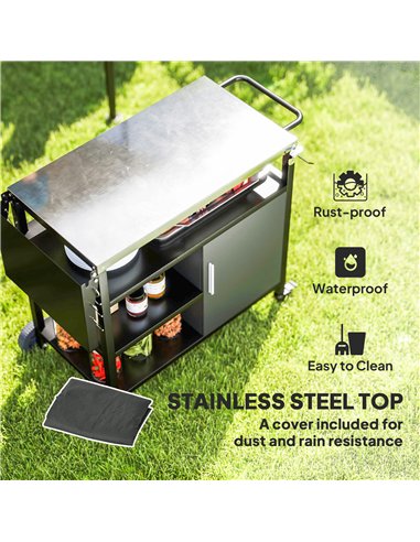 Outsunny Outdoor BBQ Trolley with Foldable Side Table, Stainless Steel Top, Outdoor Kitchen with Wheels Hooks Shelves Cabinet, P