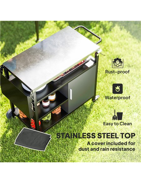 Outsunny Outdoor BBQ Trolley with Foldable Side Table, Stainless Steel Top, Outdoor Kitchen with Wheels Hooks Shelves Cabinet, P - pic 126105 | FastDaddyshop