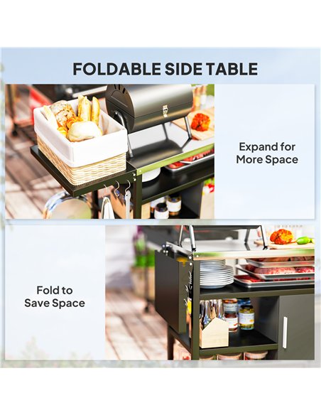 Outsunny Outdoor BBQ Trolley with Foldable Side Table, Stainless Steel Top, Outdoor Kitchen with Wheels Hooks Shelves Cabinet, P - pic 126106 | FastDaddyshop