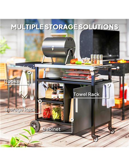 Outsunny Outdoor BBQ Trolley with Foldable Side Table, Stainless Steel Top, Outdoor Kitchen with Wheels Hooks Shelves Cabinet, P - pic 126107 | FastDaddyshop