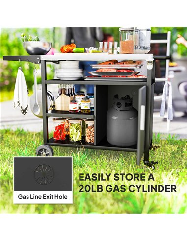 Outsunny Outdoor BBQ Trolley with Foldable Side Table, Stainless Steel Top, Outdoor Kitchen with Wheels Hooks Shelves Cabinet, P