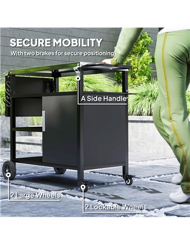 Outsunny Outdoor BBQ Trolley with Foldable Side Table, Stainless Steel Top, Outdoor Kitchen with Wheels Hooks Shelves Cabinet, P