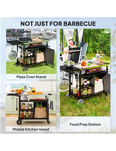 Outsunny Outdoor BBQ Trolley with Foldable Side Table, Stainless Steel Top, Outdoor Kitchen with Wheels Hooks Shelves Cabinet, P