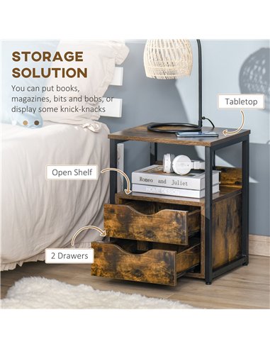 HOMCOM Industrial Side Table Set of 2, Sofa Table with Drawer, Bedside Cabinet with Storage Shelf, Slim Nightstand for Living Ro