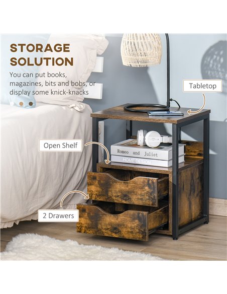 HOMCOM Industrial Side Table Set of 2, Sofa Table with Drawer, Bedside Cabinet with Storage Shelf, Slim Nightstand for Living Ro - pic 126141 | FastDaddyshop