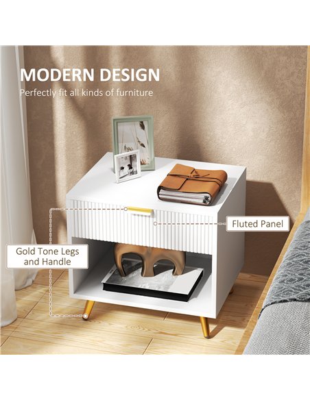 HOMCOM Elegant Bedside Table, with Drawer and Shelf - White/Gold Tone - pic 126150 | FastDaddyshop