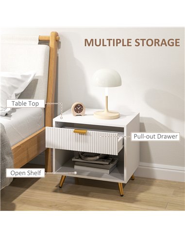 HOMCOM Elegant Bedside Table, with Drawer and Shelf - White/Gold Tone