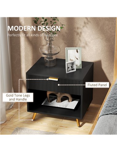 HOMCOM Elegant Bedside Table, with Drawer and Shelf - Black/Gold Tone