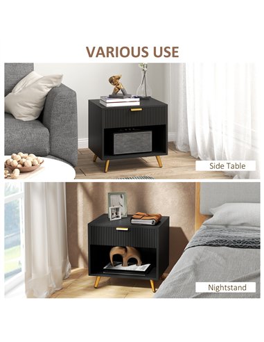 HOMCOM Elegant Bedside Table, with Drawer and Shelf - Black/Gold Tone
