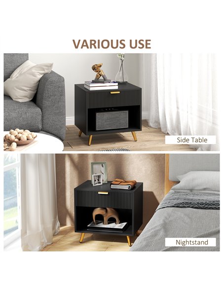 HOMCOM Elegant Bedside Table, with Drawer and Shelf - Black/Gold Tone - pic 126161 | FastDaddyshop