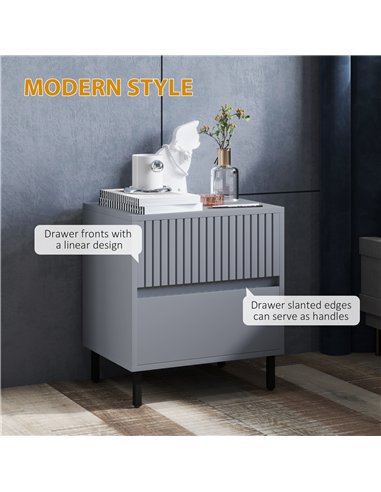 HOMCOM Simple Line Indented Two-Drawer Bedside Table - Grey