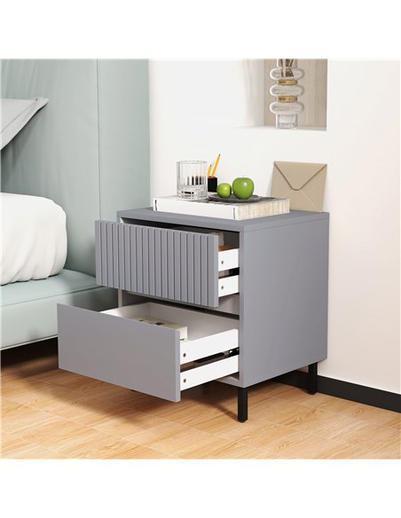 HOMCOM Simple Line Indented Two-Drawer Bedside Table - Grey - pic 126198 | FastDaddyshop