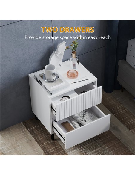 HOMCOM Simple Line Indented Two-Drawer Bedside Table - White - pic 126214 | FastDaddyshop