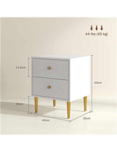HOMCOM Elegant Two-Drawer Bedside Table - White/Gold-Tone